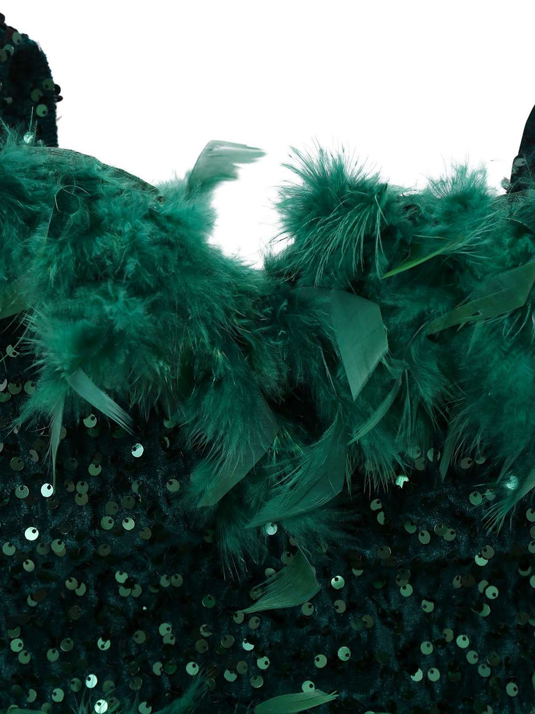 Green 1960s Off-Shoulder Sequined Feather Bodycon Dress