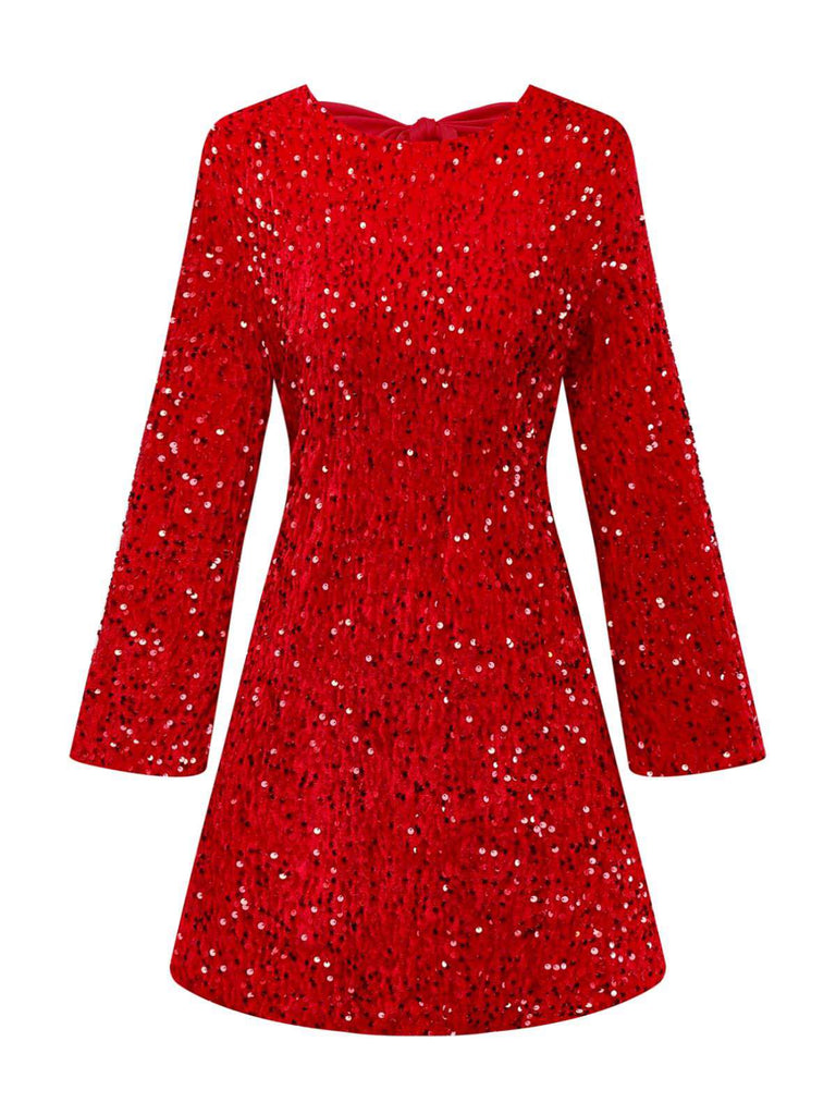 Red 1960s Sequined Bow Round Neck Long Sleeve Dress