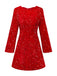 Red 1960s Sequined Bow Round Neck Long Sleeve Dress