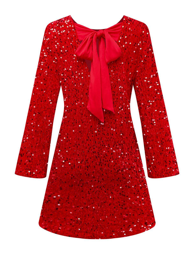Red 1960s Sequined Bow Round Neck Long Sleeve Dress