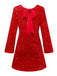 Red 1960s Sequined Bow Round Neck Long Sleeve Dress