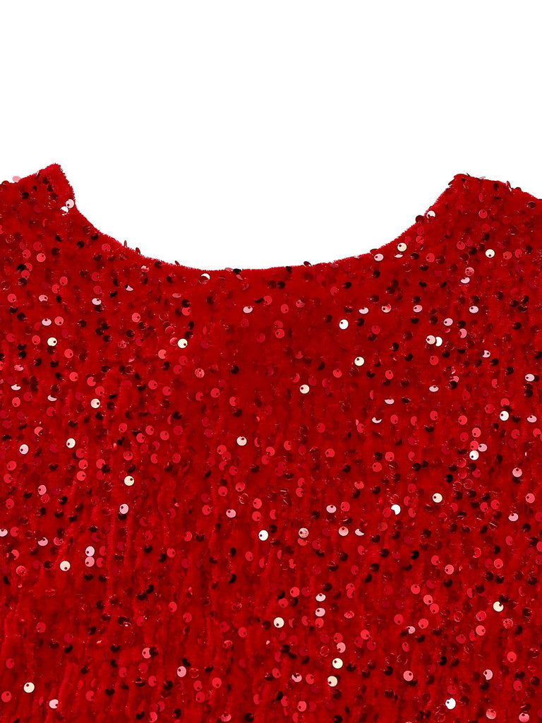 Red 1960s Sequined Bow Round Neck Long Sleeve Dress