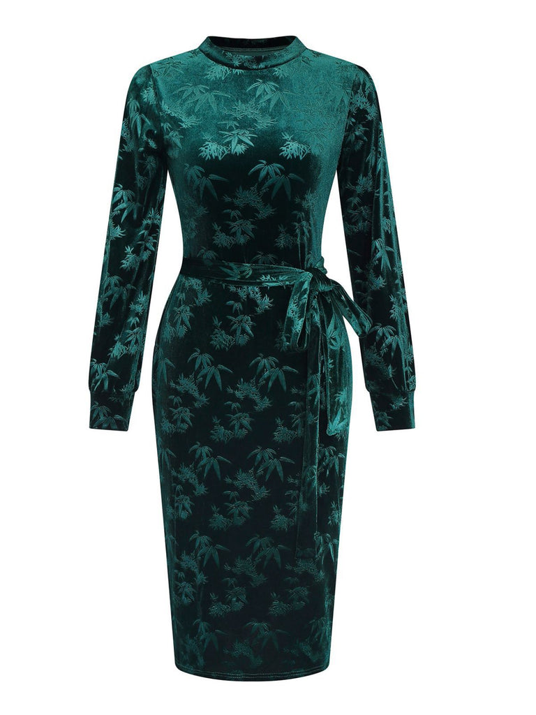 Green 1960s Velvet Plant Pattern Pencil Dress