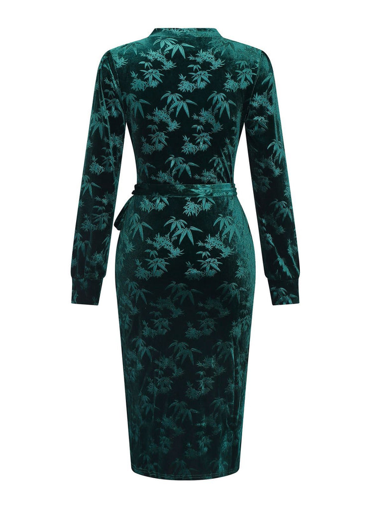 Green 1960s Velvet Plant Pattern Pencil Dress