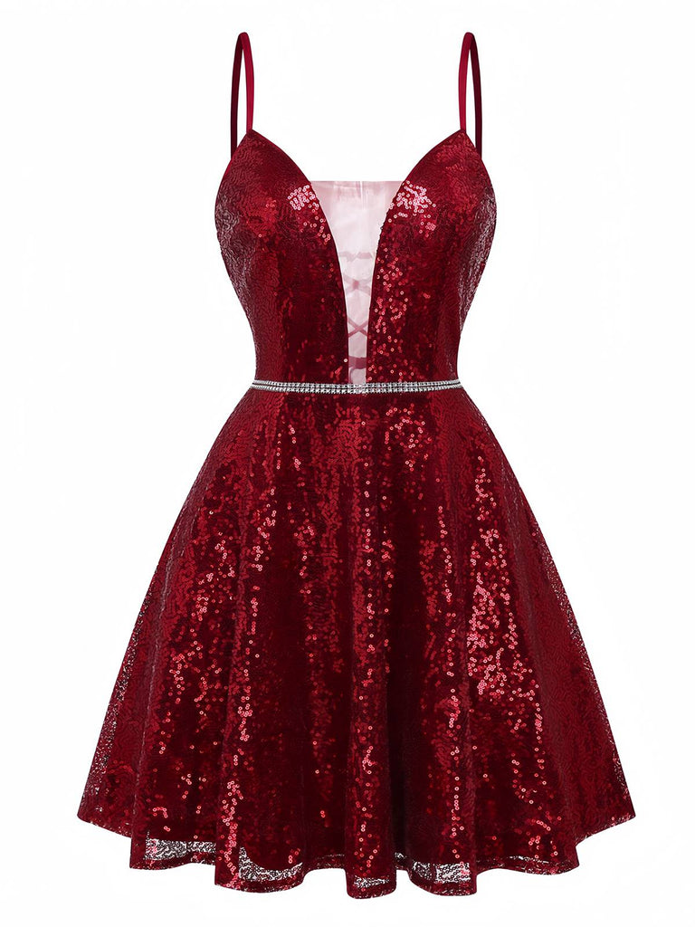 Wine Red 1950s Sequin Deep-V Mesh Dress