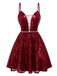 Wine Red 1950s Sequin Deep-V Mesh Dress