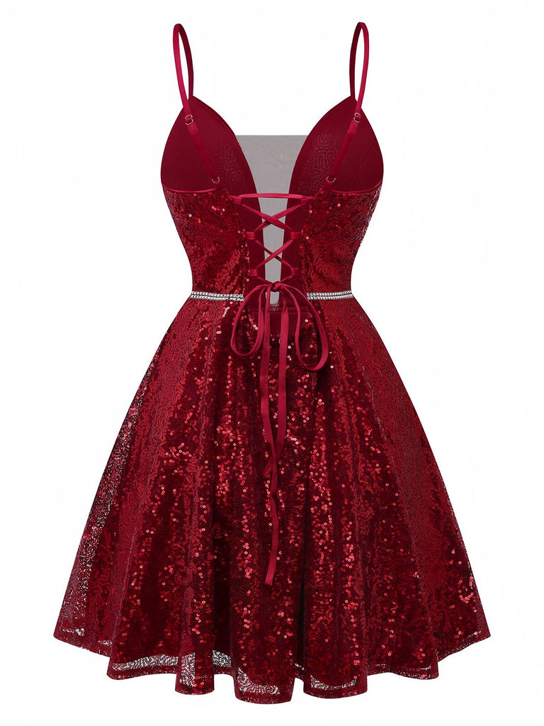 Wine Red 1950s Sequin Deep-V Mesh Dress