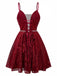 Wine Red 1950s Sequin Deep-V Mesh Dress