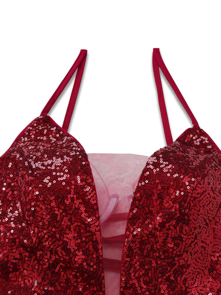 Wine Red 1950s Sequin Deep-V Mesh Dress