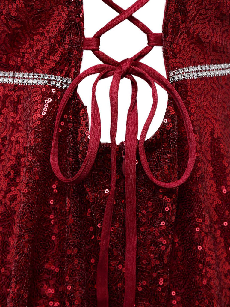 Wine Red 1950s Sequin Deep-V Mesh Dress