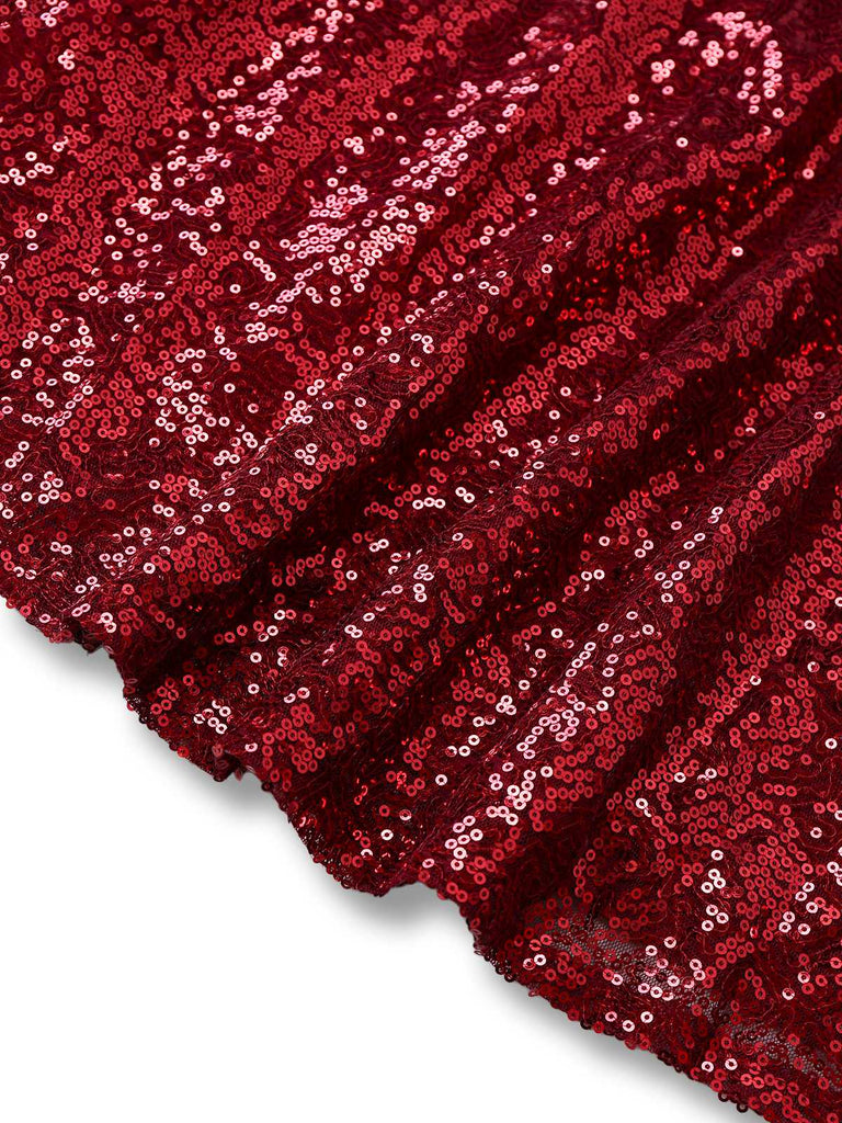 Wine Red 1950s Sequin Deep-V Mesh Dress