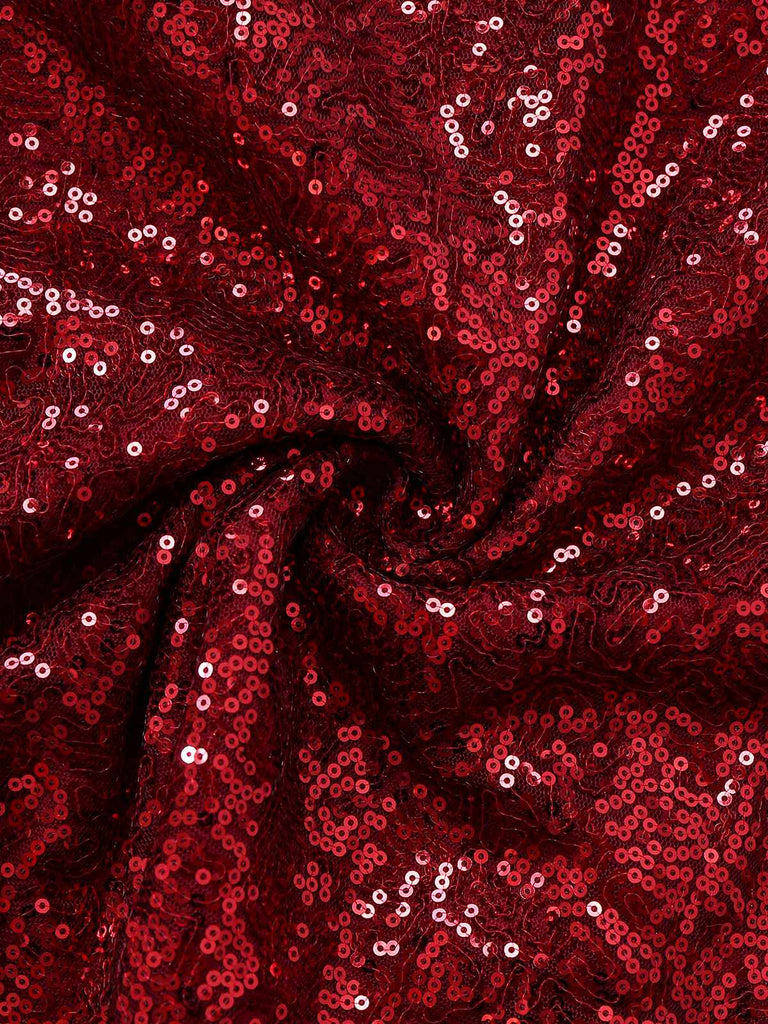 Wine Red 1950s Sequin Deep-V Mesh Dress