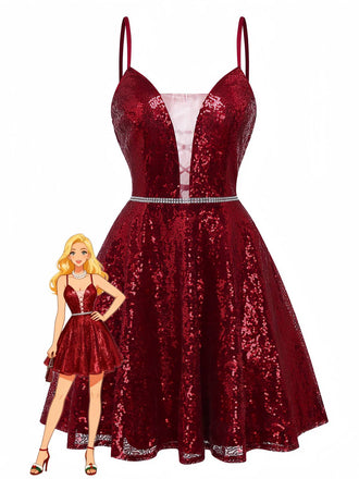 Wine Red 1950s Sequin Deep-V Mesh Dress
