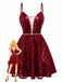 Wine Red 1950s Sequin Deep-V Mesh Dress