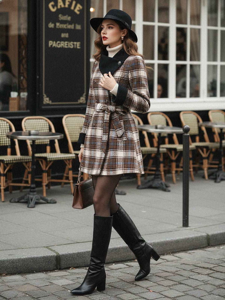 [Pre-Sale] Brown 1940s Cotton Plaid Asymmetrical Lapel Coat