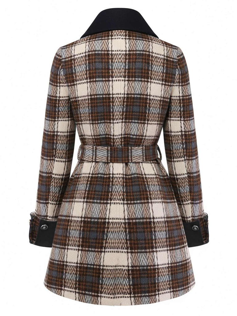 [Pre-Sale] Brown 1940s Cotton Plaid Asymmetrical Lapel Coat