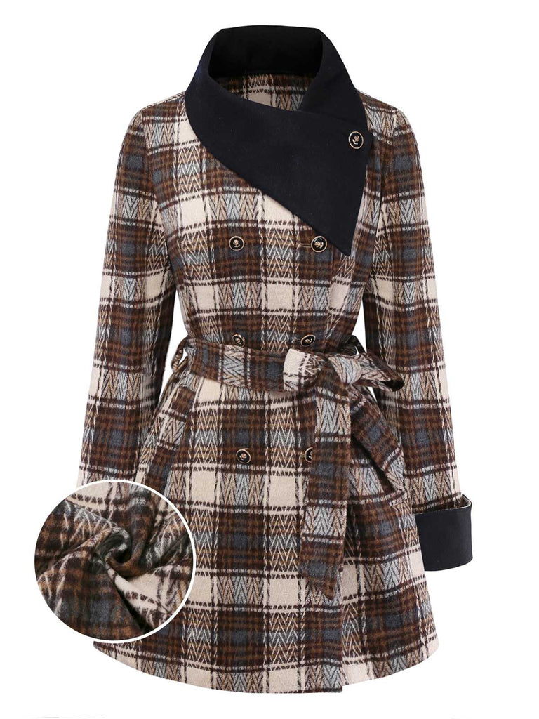 [Pre-Sale] Brown 1940s Cotton Plaid Asymmetrical Lapel Coat