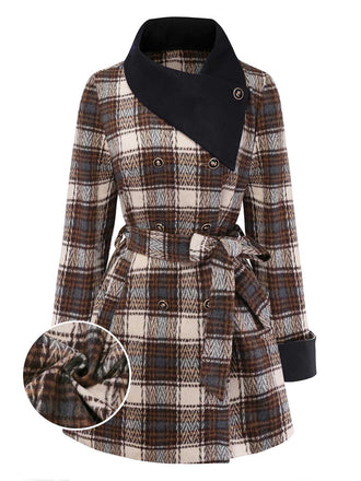 [Pre-Sale] Brown 1940s Cotton Plaid Asymmetrical Lapel Coat