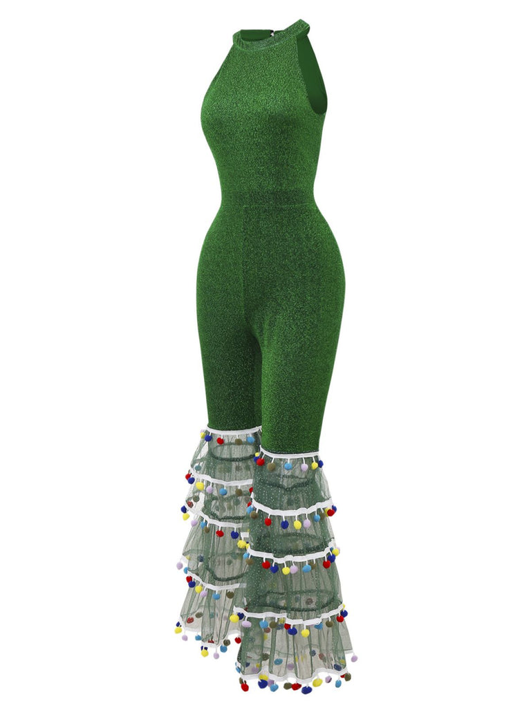 [Pre-Sale] Green 1980s Solid Sparkly Mock Mesh Jumpsuit