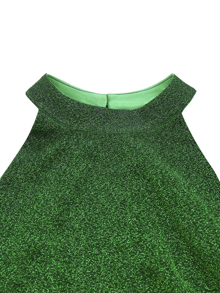 [Pre-Sale] Green 1980s Solid Sparkly Mock Mesh Jumpsuit