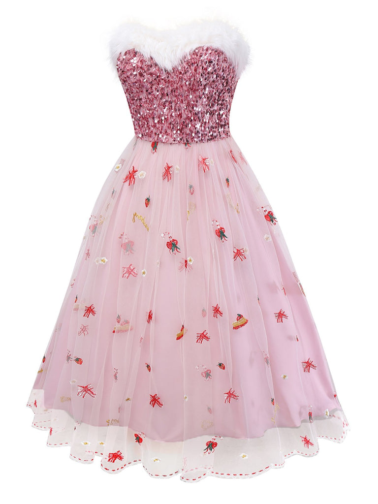[Pre-Sale] Pink 1950s Christmas Furry Strapless Sequined Mesh Dress