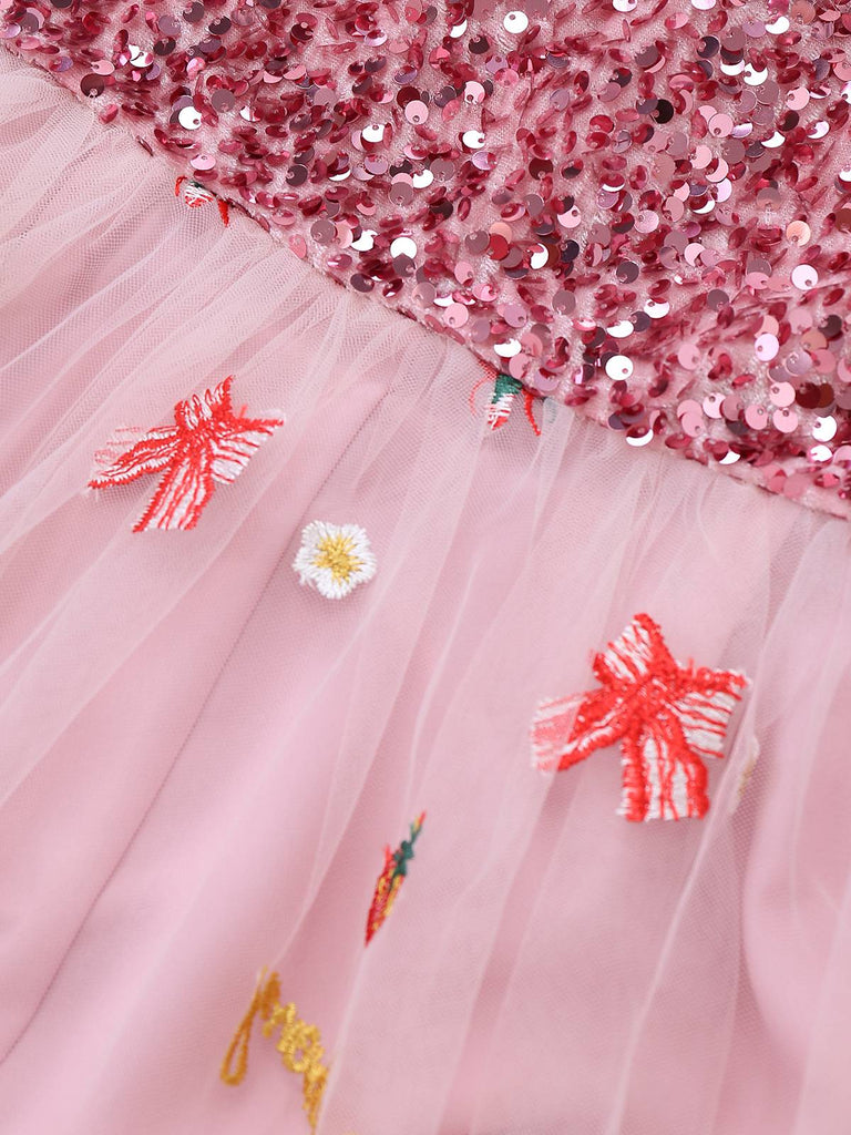 [Pre-Sale] Pink 1950s Christmas Furry Strapless Sequined Mesh Dress