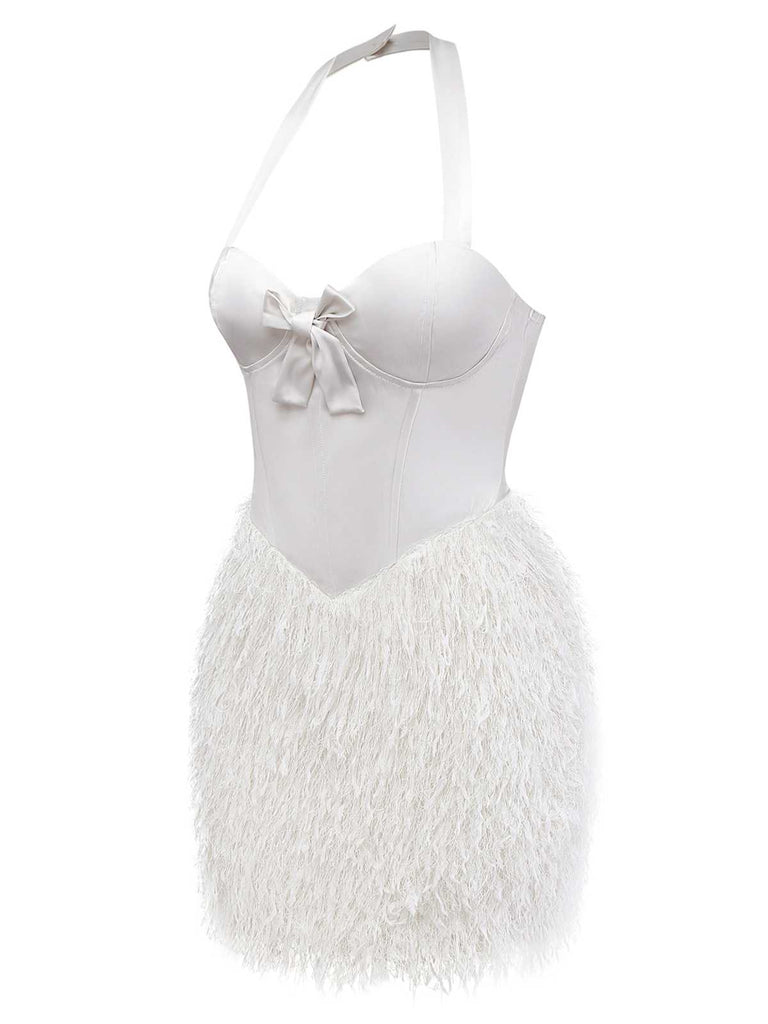 [Pre-Sale] White 1960s Satin Feathered Fringe Bustier Dress