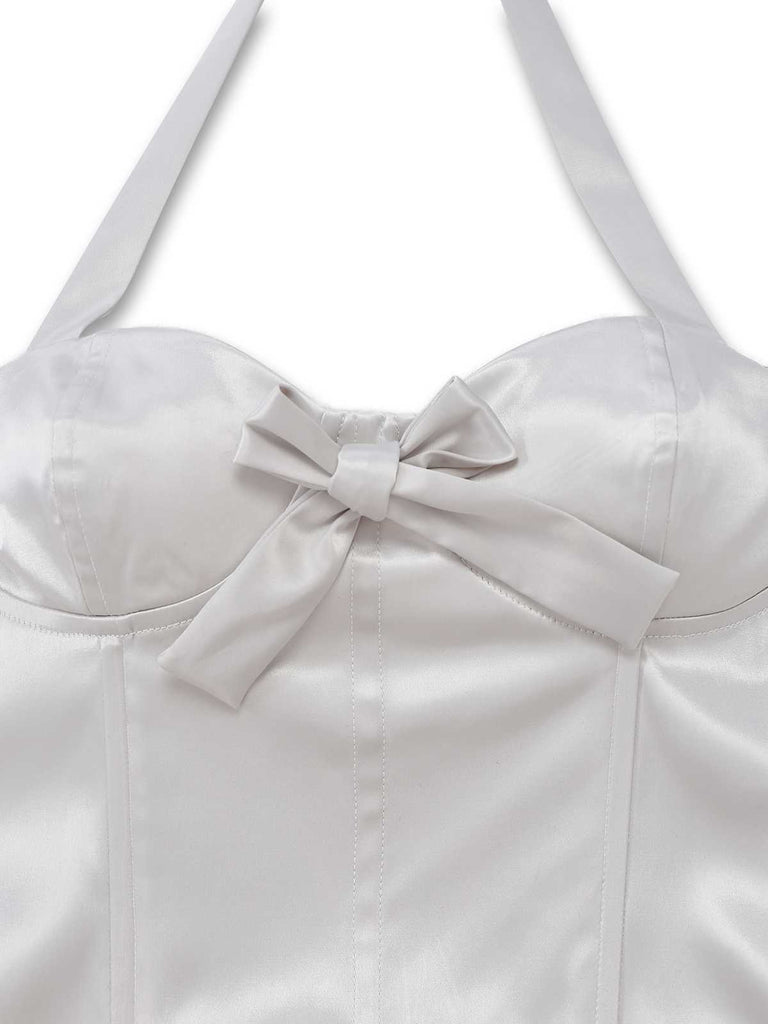 [Pre-Sale] White 1960s Satin Feathered Fringe Bustier Dress