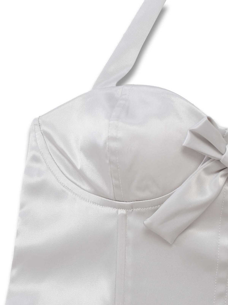 [Pre-Sale] White 1960s Satin Feathered Fringe Bustier Dress