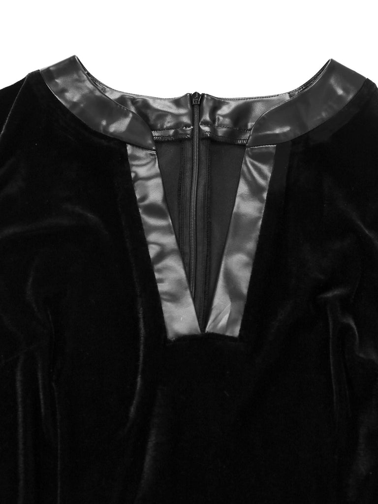 [Pre-Sale] Black 1950s Feather Sheer Sleeve V-Neck Leather Dress