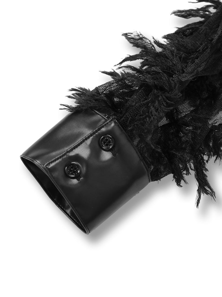 [Pre-Sale] Black 1950s Feather Sheer Sleeve V-Neck Leather Dress