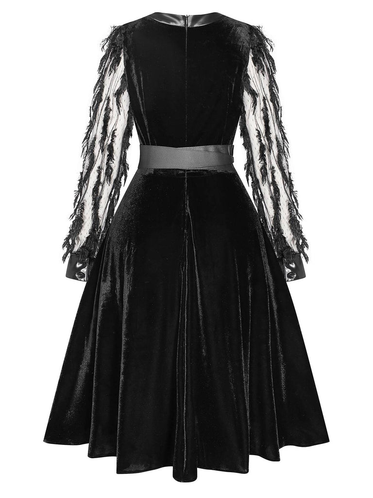 [Pre-Sale] Black 1950s Feather Sheer Sleeve V-Neck Leather Dress