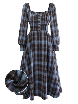 [Pre-Sale] Blue Grey 1940s Plaid Sweetheart Neck Brushed Dress