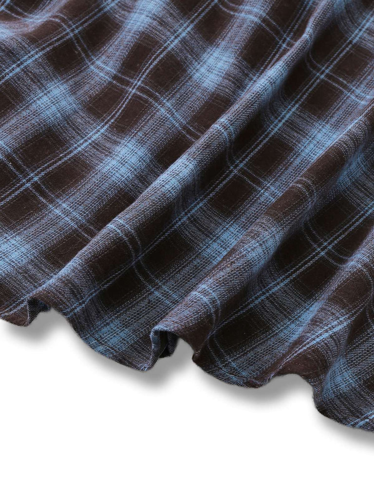 [Pre-Sale] Blue Grey 1940s Plaid Sweetheart Neck Brushed Dress