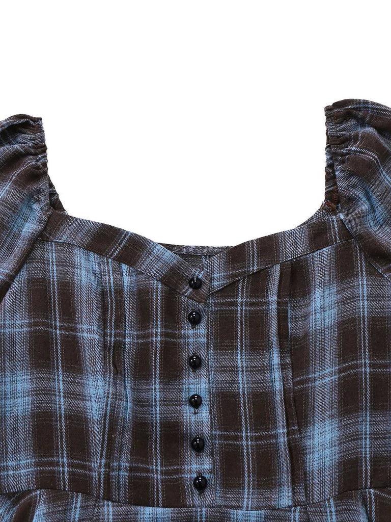 [Pre-Sale] Blue Grey 1940s Plaid Sweetheart Neck Brushed Dress