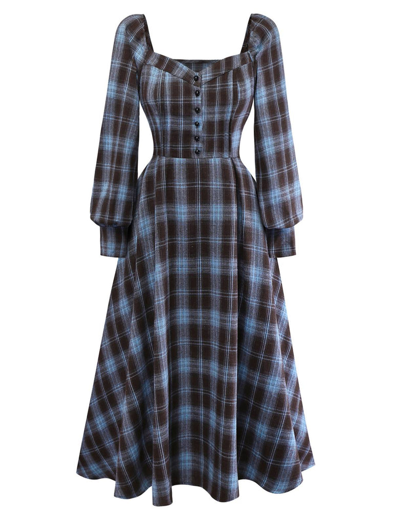 [Pre-Sale] Blue Grey 1940s Plaid Sweetheart Neck Brushed Dress