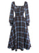 [Pre-Sale] Blue Grey 1940s Plaid Sweetheart Neck Brushed Dress