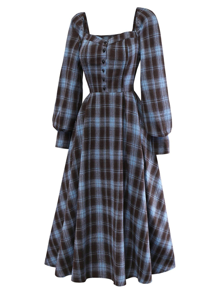 [Pre-Sale] Blue Grey 1940s Plaid Sweetheart Neck Brushed Dress