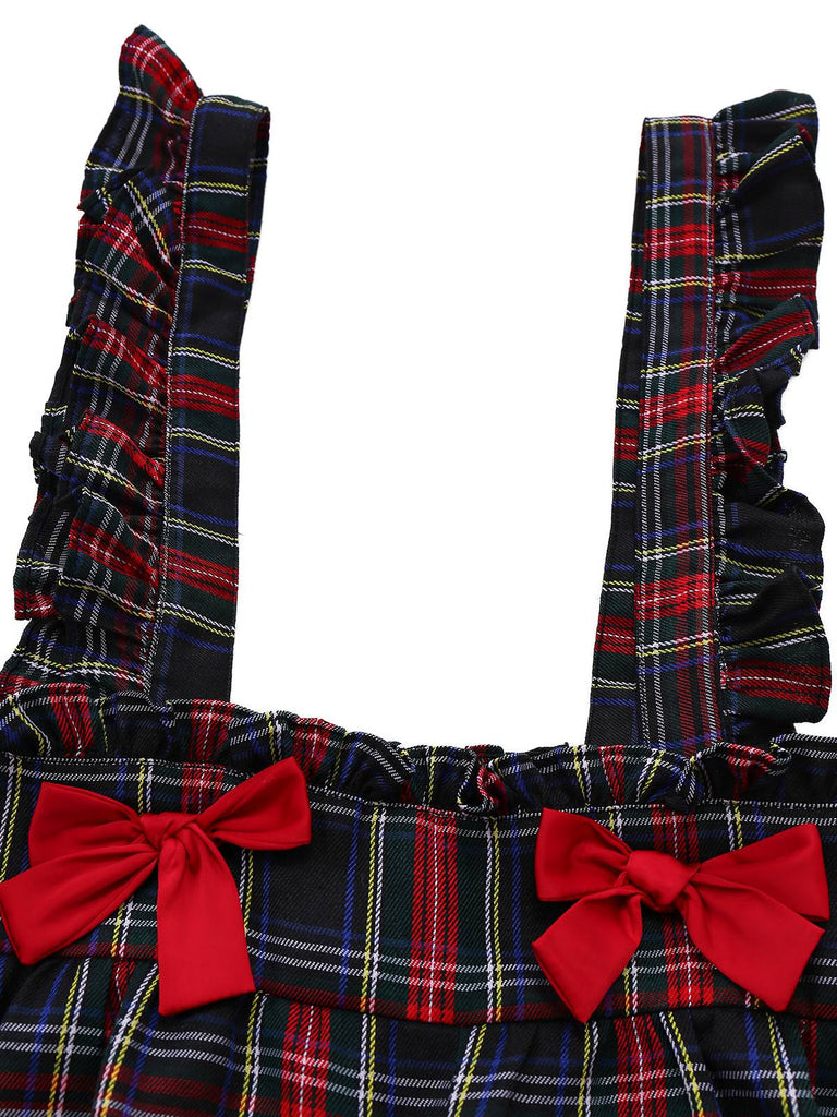 [Pre-Sale] Black 1940s Tartan Plaid Ruffled Bow Overall Pants