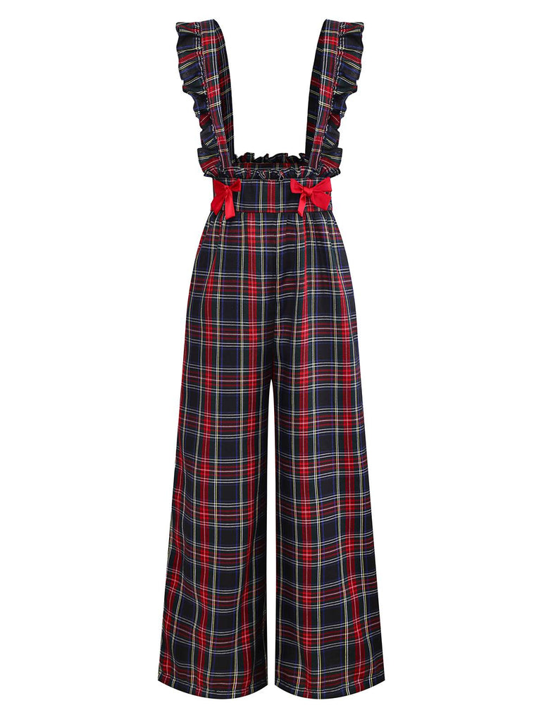 [Pre-Sale] Black 1940s Tartan Plaid Ruffled Bow Overall Pants