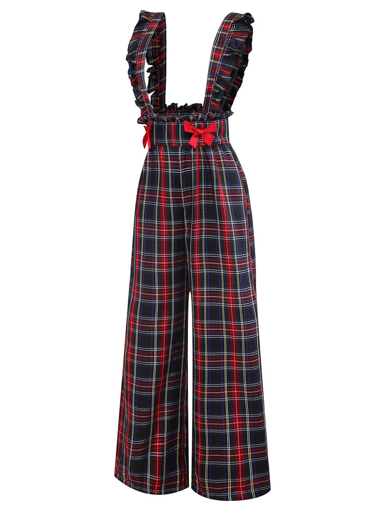 [Pre-Sale] Black 1940s Tartan Plaid Ruffled Bow Overall Pants