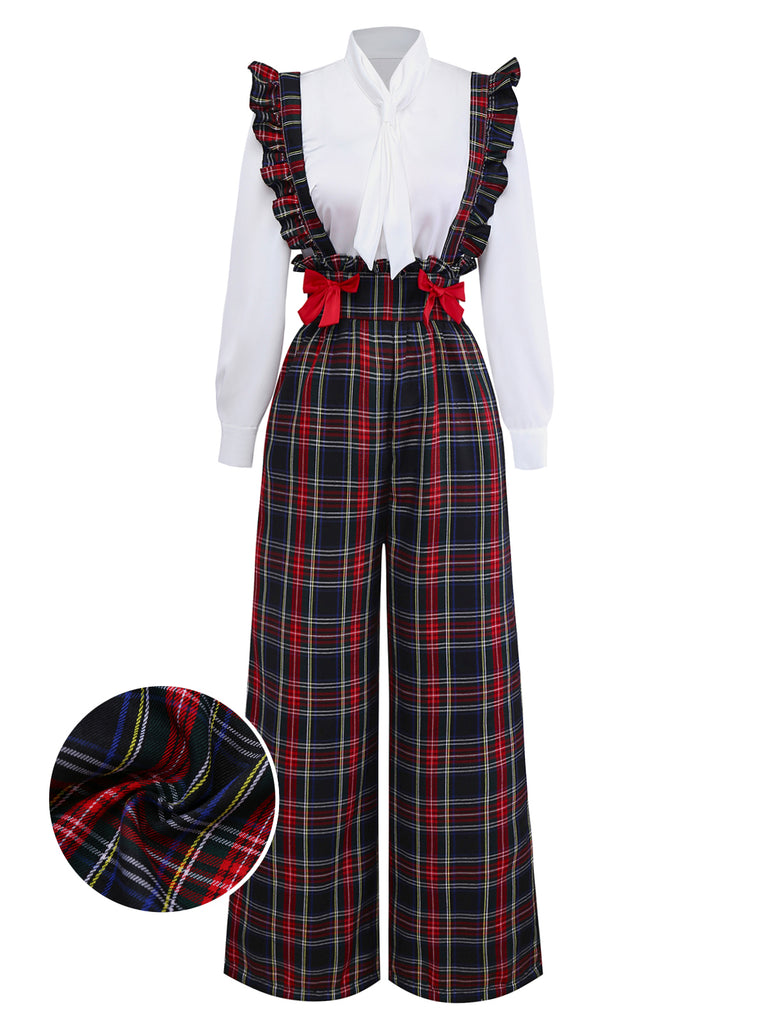 [Pre-Sale] 2PCS White & Black 1940s Blouse & Tartan Overall Pants