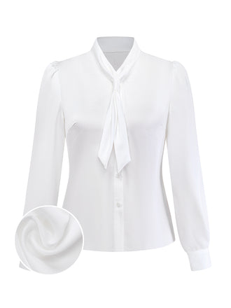[Pre-Sale] White 1940s Solid Tie Neck Satin Blouse