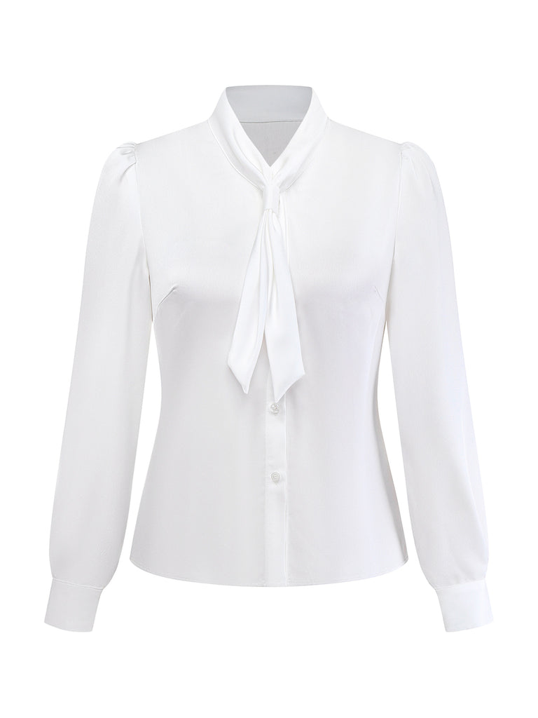 [Pre-Sale] White 1940s Solid Tie Neck Satin Blouse