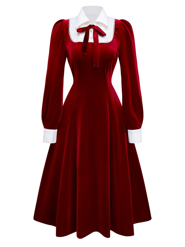 [Pre-Sale] Red 1940s Velvet Shirt Collar Bow Dress
