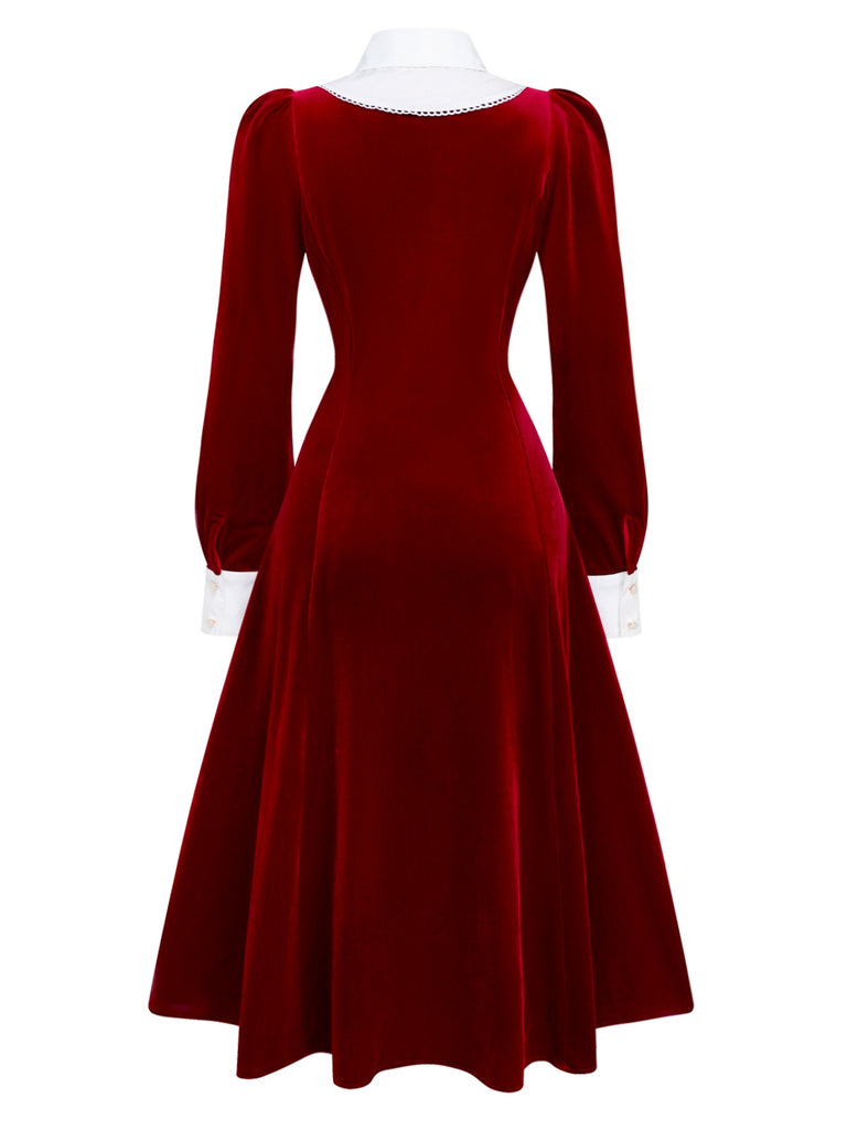 [Pre-Sale] Red 1940s Velvet Shirt Collar Bow Dress