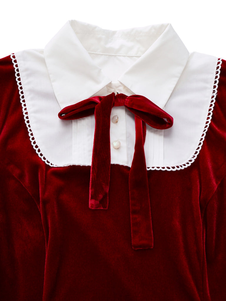 [Pre-Sale] Red 1940s Velvet Shirt Collar Bow Dress