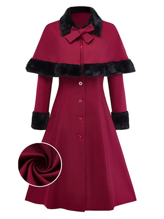 [Pre-Sale] Red 1950s Plush Trim Trench Coat & Detachable Cape