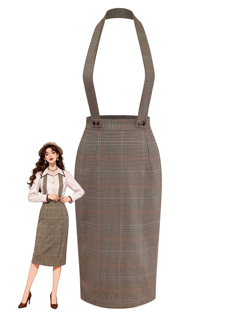 [Pre-Sale] Brown 1960s Houndstooth Suspender Pencil Skirt