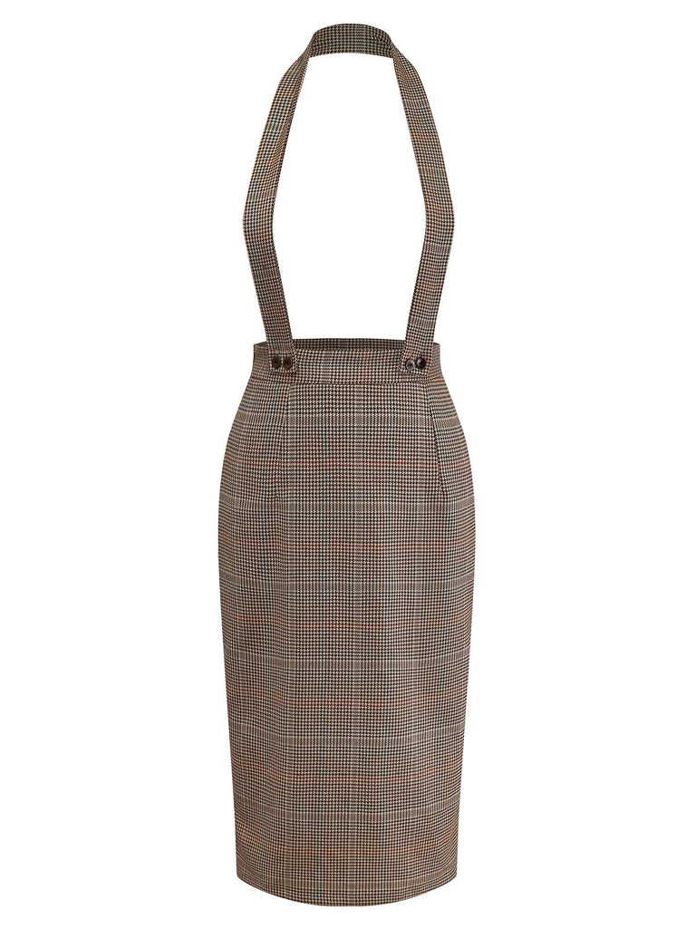 [Pre-Sale] 2PCS Beige 1960s Contrasted Blouse & Houndstooth Suspender Skirt